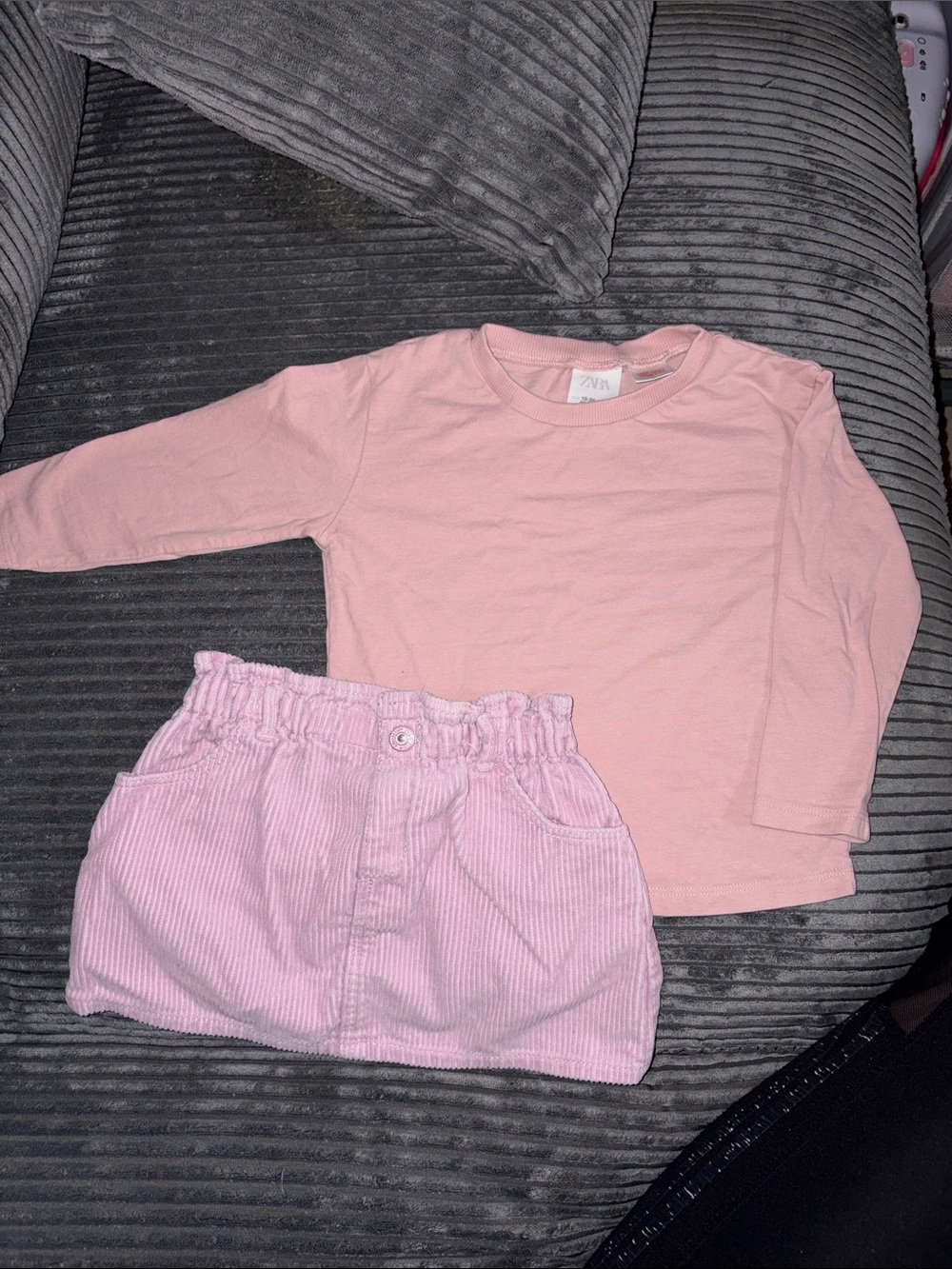 Zara Girls Pale Pink Long Sleeve Tee with Light Pink Corduroy Skirt